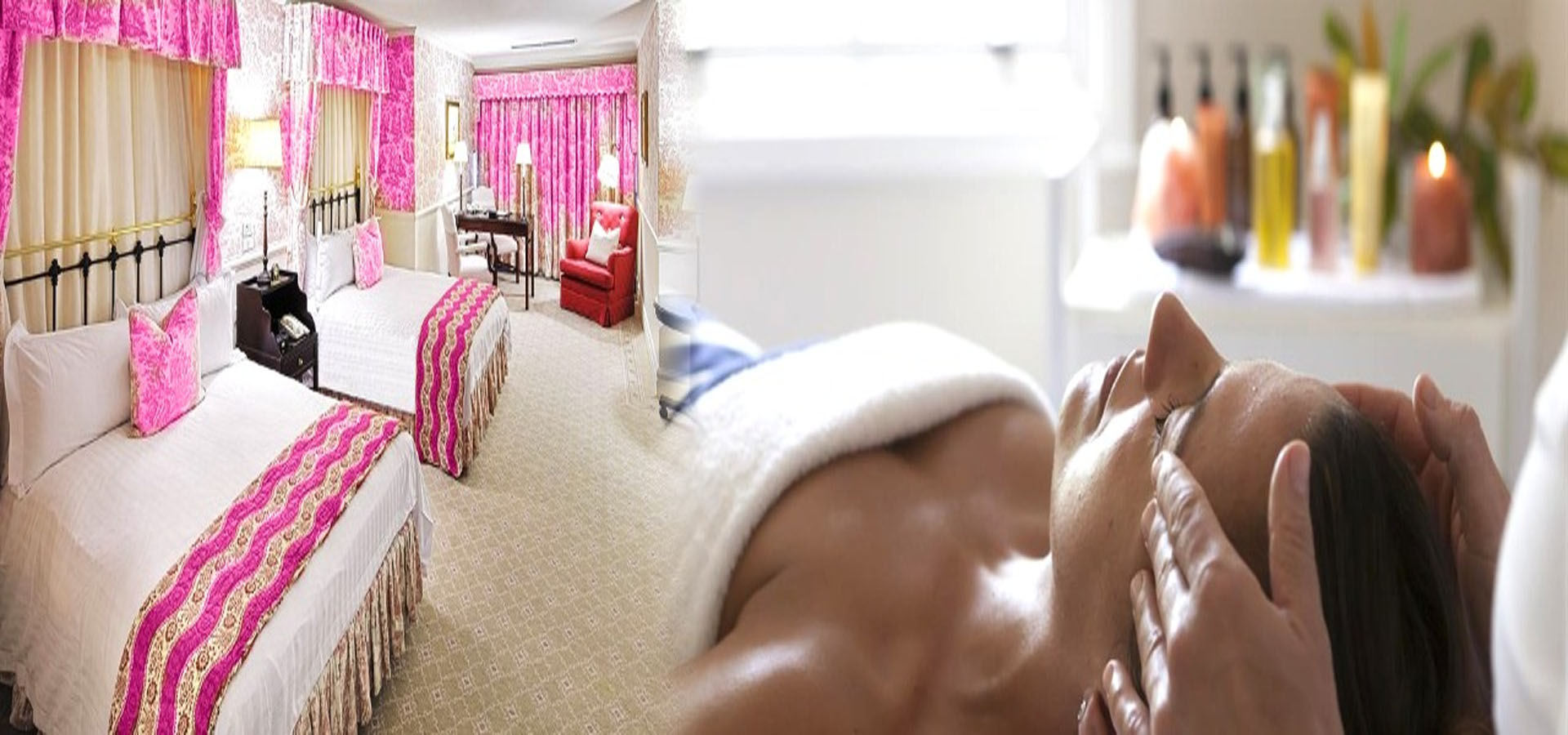 Elegant massage room at Glamour Spa Center Islamabad, featuring two massage beds, a comfortable sofa, and a therapist performing a soothing head therapy session.